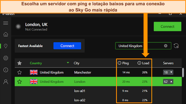Aplicativo para Windows da IPVanish, destacando os detalhes de ping e carregamento do usuário para servidores do Reino Unido.