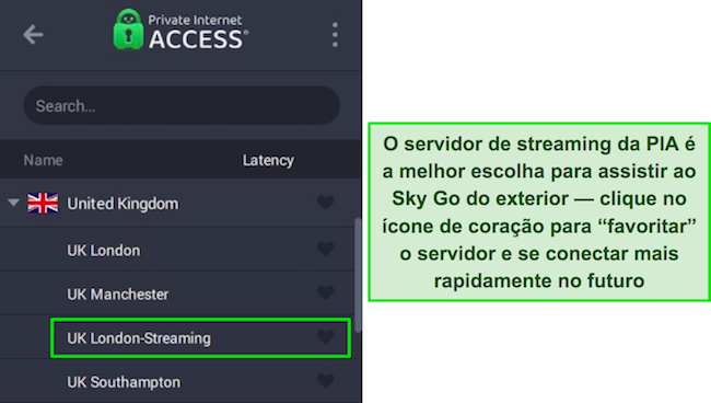 Aplicativo do Windows da PIA mostrando o servidor de streaming otimizado para o Reino Unido.