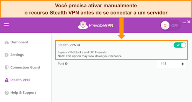Aplicativo para Windows do PrivateVPN, mostrando as configurações do Stealth VPN.
