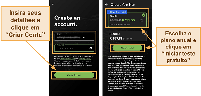 Captura de tela do aplicativo IPVanish no Android mostrando detalhes da nova conta e a assinatura anual com teste gratuito de 7 dias em um telefone Huawei