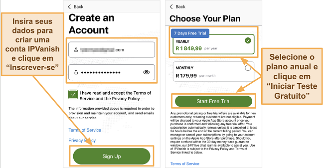 Captura de tela do aplicativo IPVanish no iOS mostrando detalhes da nova conta e a assinatura anual com teste gratuito de 7 dias no iPhone