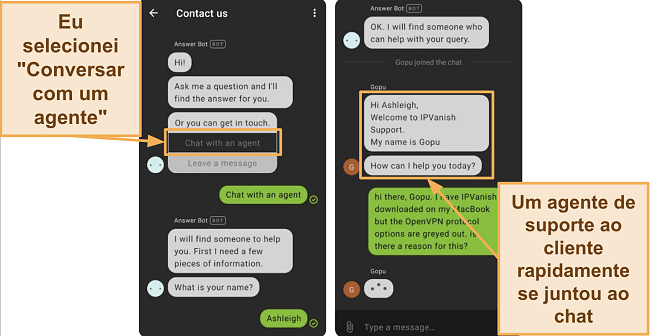 Captura de tela do chat ao vivo do IPVanish no celular