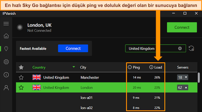 İngiltere sunucuları için ping ve kullanıcı yükleme ayrıntılarını vurgulayan IPVanish'in Windows uygulaması.