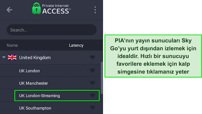 PIA'nın İngiltere için optimize edilmiş akış sunucusunu gösteren Windows uygulaması.