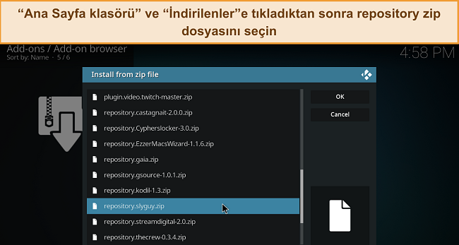 İndirilen bir depo zip dosyasının vurgulandığı Kodi'nin zip dosyasından kur menüsünün ekran görüntüsü.