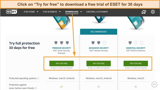 Screenshot of ESET's free trial download page