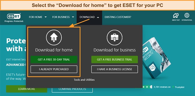 Screenshot of ESET's home page