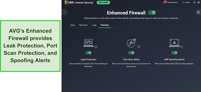 Screenshot of the features in AVG's Enhanced Firewall