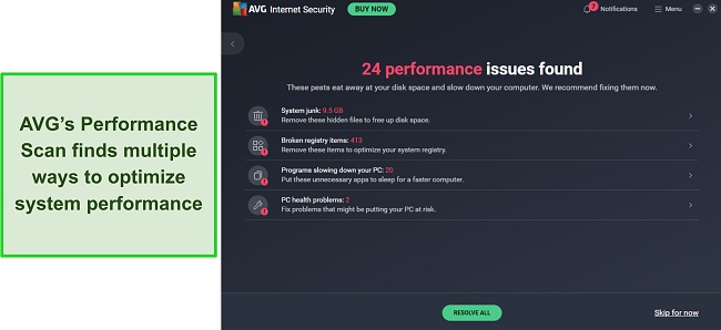 Screenshot showing the results of AVG's Performance Scan