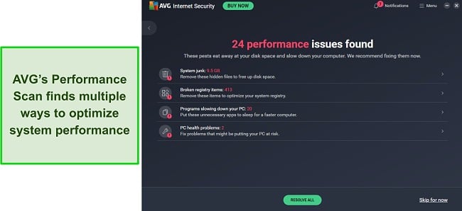 AVG’s Performance Scan finds junk files, broken registry entries, and more