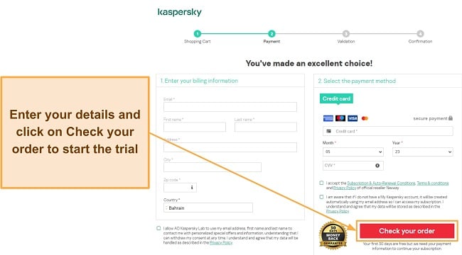 Screenshot showing how to subscribe to Kaspersky's free trial