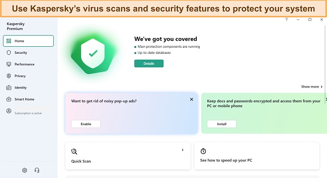 creenshot of Kaspersky's Windows app after installation