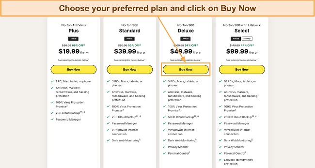 Screenshot showing how to choose one of Norton's plans