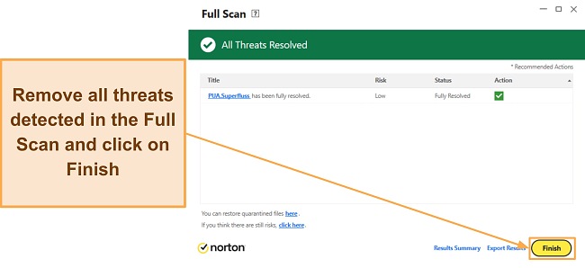 Screenshot showing how to finish Norton's full scan