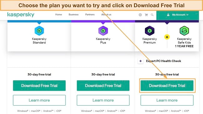Screenshot showing how to choose a Kaspersky free trial