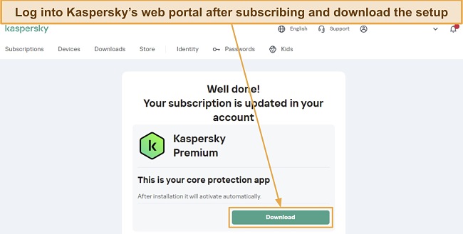 Screenshot showing how to download Kaspersky's setup from the web portal