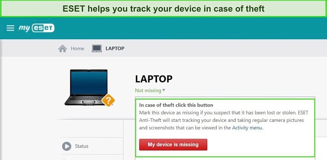 Screenshot of ESET's anti-theft feature