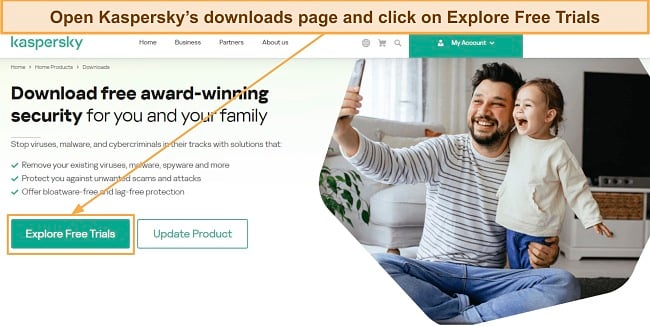 Screenshot showing how to access Kaspersky's list of free trials
