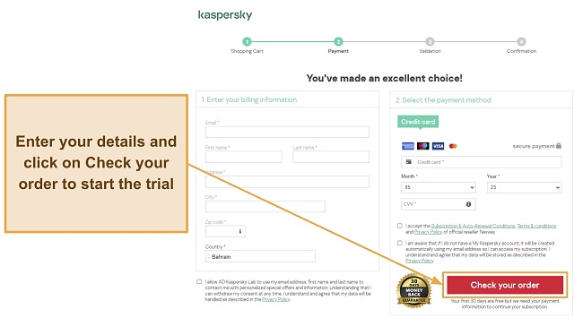 Screenshot showing the sign up page for Kaspersky's free trial