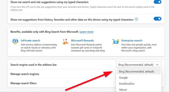 Microsoft Bing default search engine screenshot