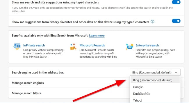 Microsoft Bing default search engine screenshot