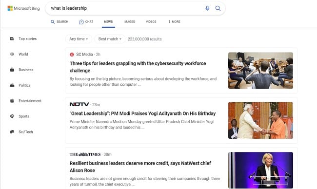 Microsoft Bing news results screenshot