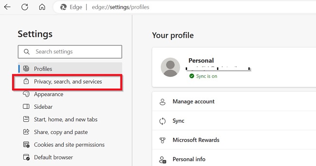 Microsoft Bing settings privacy screenshot