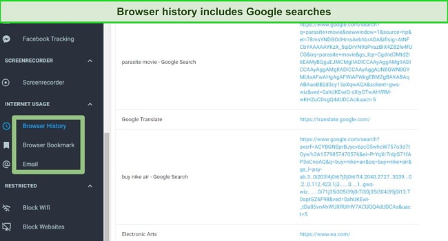 mSpy browser history includes Googles searches screenshot
