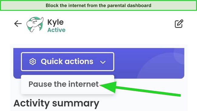 Screenshot of quick actions to pause the internet
