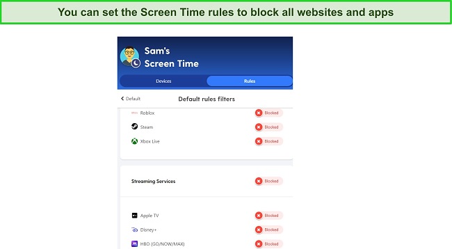 Screenshot of set screen time rules