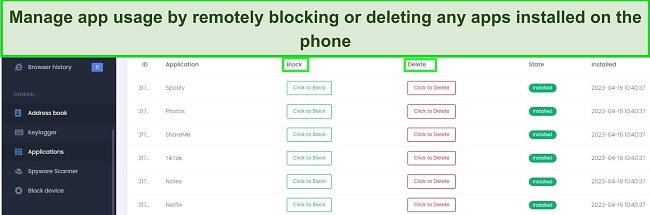 uMobix remotely blocking and deleting any apps screenshot