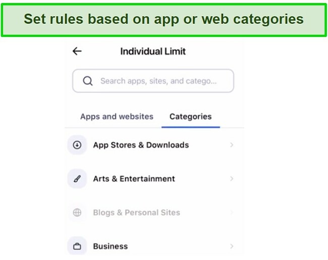 Set rules based on web and app categories