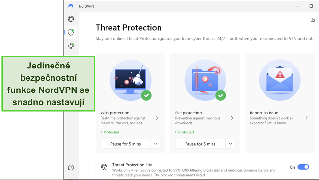 Snímek obrazovky aplikace NordVPN pro Windows, ukazující zapnutou funkci Ochrana před hrozbami.