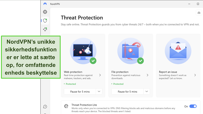 Skærmbillede af NordVPN's Windows-app, der viser funktionen til Beskyttelse mod Trusler er slået til.