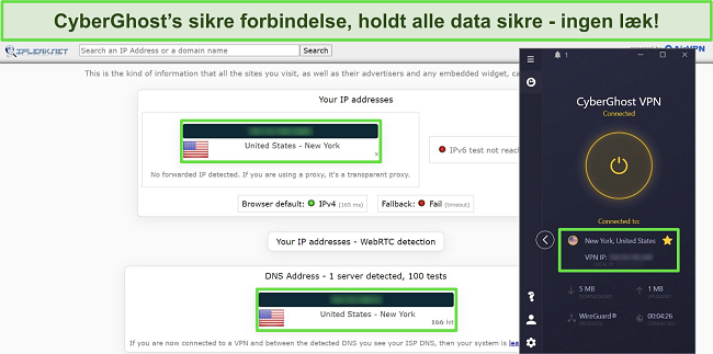SSkærmbillede af IP lækage-test med CyberGhost forbundet til en amerikansk server, der viser ingen datalækager.