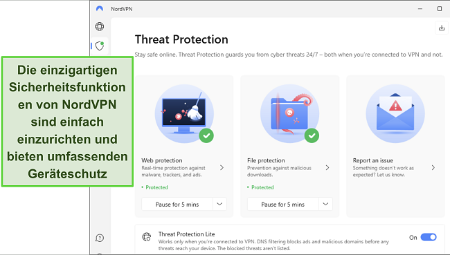 Screenshot der NordVPN Windows-App, der zeigt, dass die Threat Protection-Funktion eingeschaltet ist