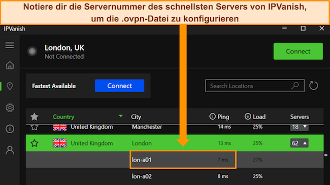 Die Windows-App von IPVanish zeigt den Servernamen und den Ping in ms an.