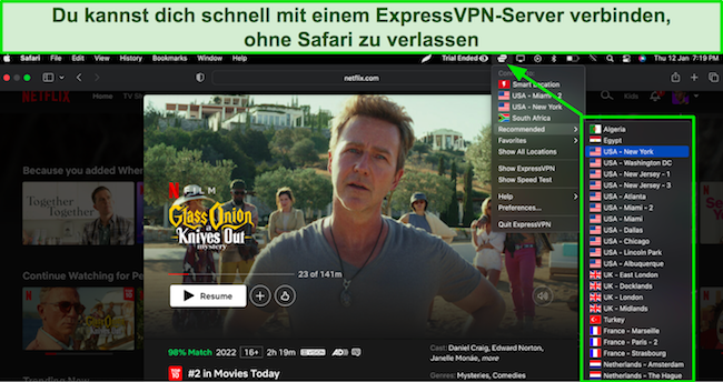 ExpressVPN wird über ein Dropdown-Menü bedient, während Netflix auf Safari streamt