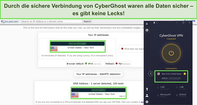 Screenshot eines IP-Leak-Tests mit CyberGhost, verbunden mit einem US-Server, der keine Datenlecks zeigt