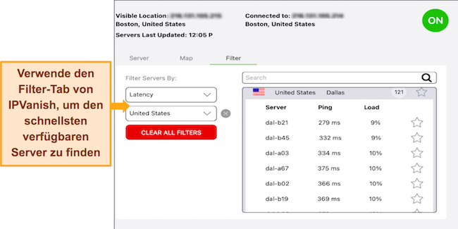 Screenshot der Registerkarte „Filter“ von IPVanish mit angezeigten US-Servern