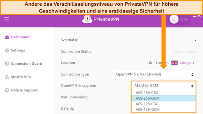 Das Windows-App-Dashboard von PrivateVPN zeigt die Anpassungsoptionen für die OpenVPN-Verschlüsselung.
