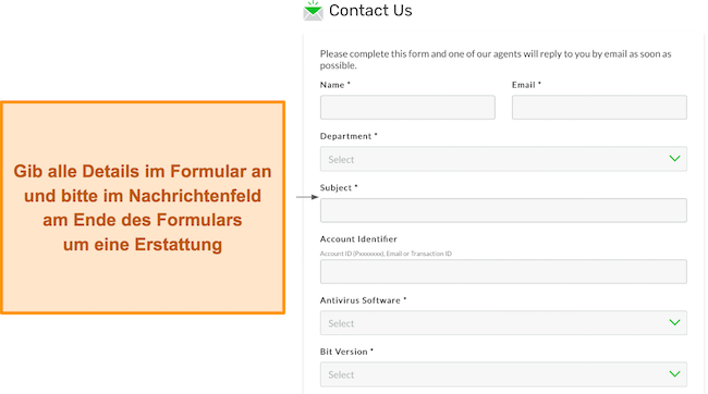 Screenshot des Kontaktformulars von PIA und wie man es ausfüllt