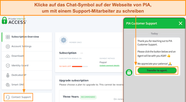 Screenshot, wie Sie den Kundensupport per Live-Chat kontaktieren können