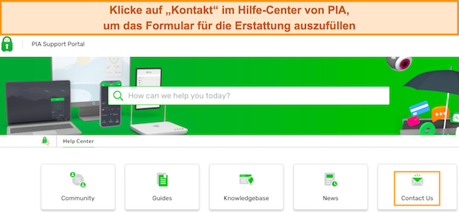 Screenshot des Ausfüllens des Kontaktformulars für Rückerstattungsanfragen im Kunden-Dashboard von PIA