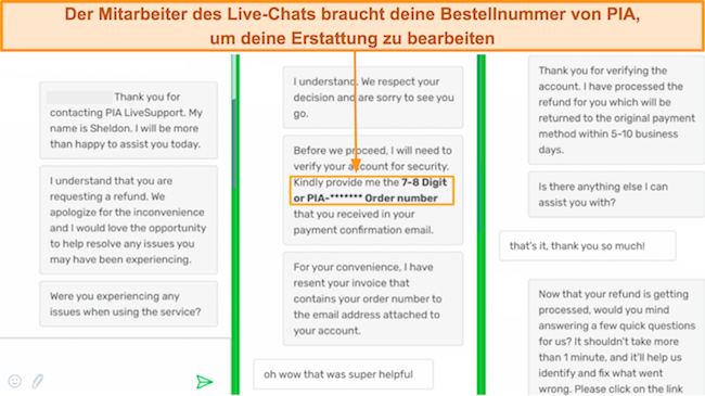 Screenshot des Live-Chat-Agenten von PIA, der eine Rückerstattungsanfrage bearbeitet