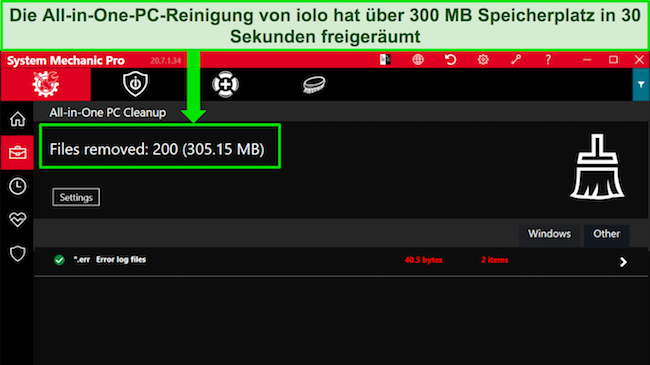 Screenshot von iolo, das Junk-Dateien von einem Computer entfernt