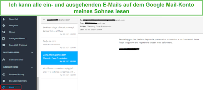 mSpy liest E-Mails