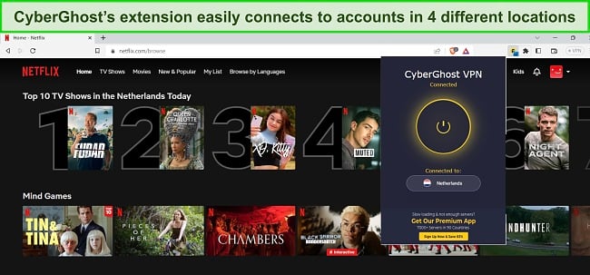 Image of CyberGhost's proxy extension connected to a server in the Netherlands, with Netflix Netherlands available in the Brave browser
