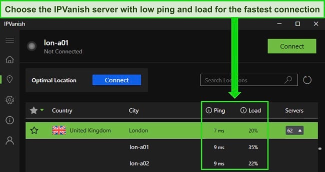 Image of IPVanish's Windows app, showing the UK-London servers and highlighting the low ping and user load to choose the fastest connection.