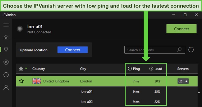 Image of IPVanish's Windows app, showing the UK-London servers and highlighting the low ping and user load to choose the fastest connection.